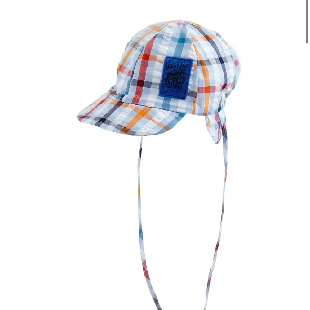 Kids Plaid Sun Hat with Chin Strap - Blue Multi new